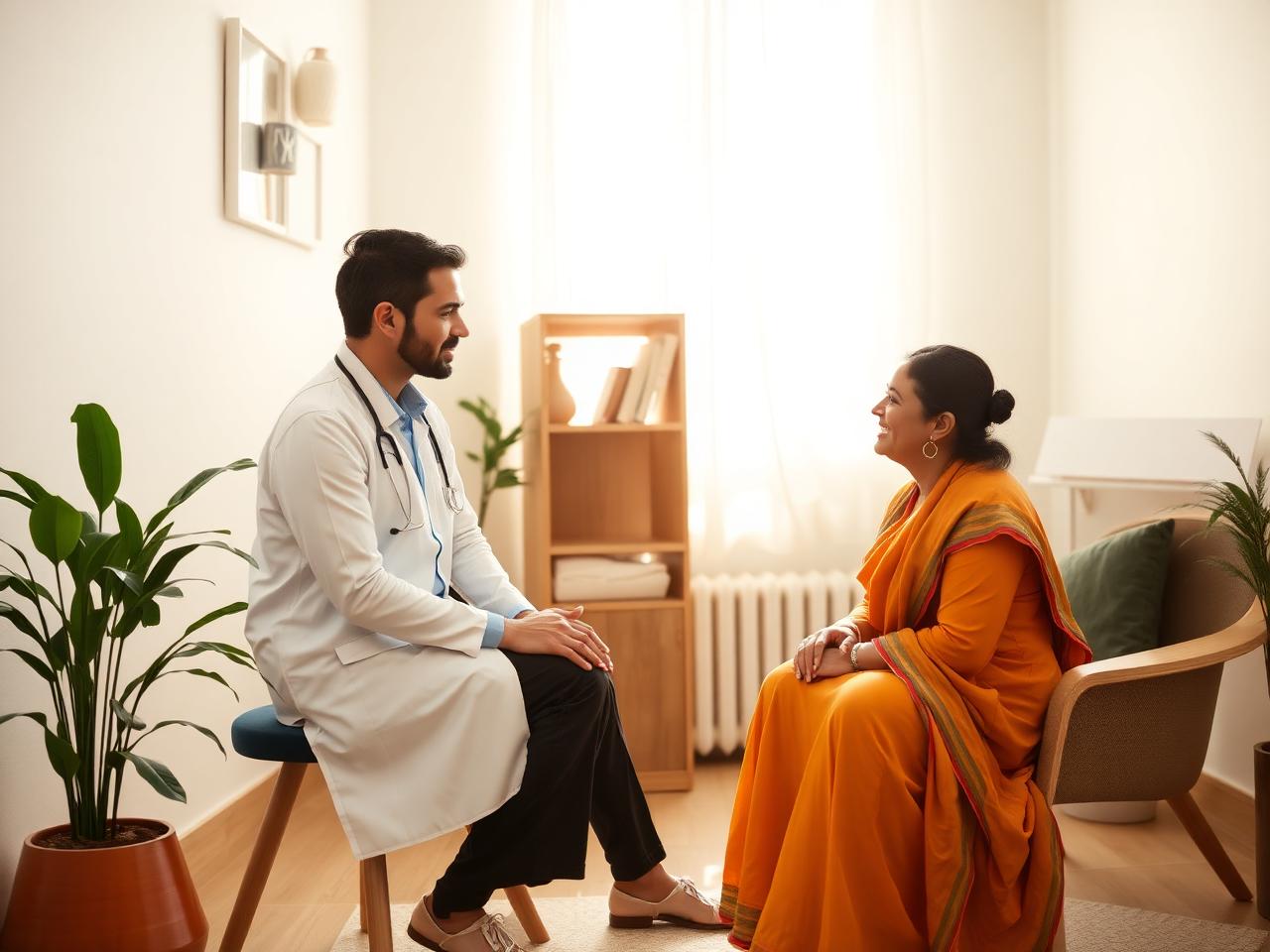 Counselor speaking with a patient in a bright, peaceful therapy room